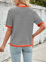 Women's Casual Striped Round Neck Sweater - Ribbed Short Sleeve Pullover with Color Block Design, High Stretch — view 5