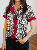 Leopard Print Shirt with Khaki Contrast And Frilled V-Neck Trim