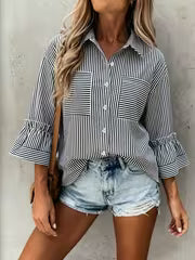 Spring/Summer Striped Commuter Shirt for Women with Ruffle Cuffs, Versatile and Elegant Daily Work Top — view 2