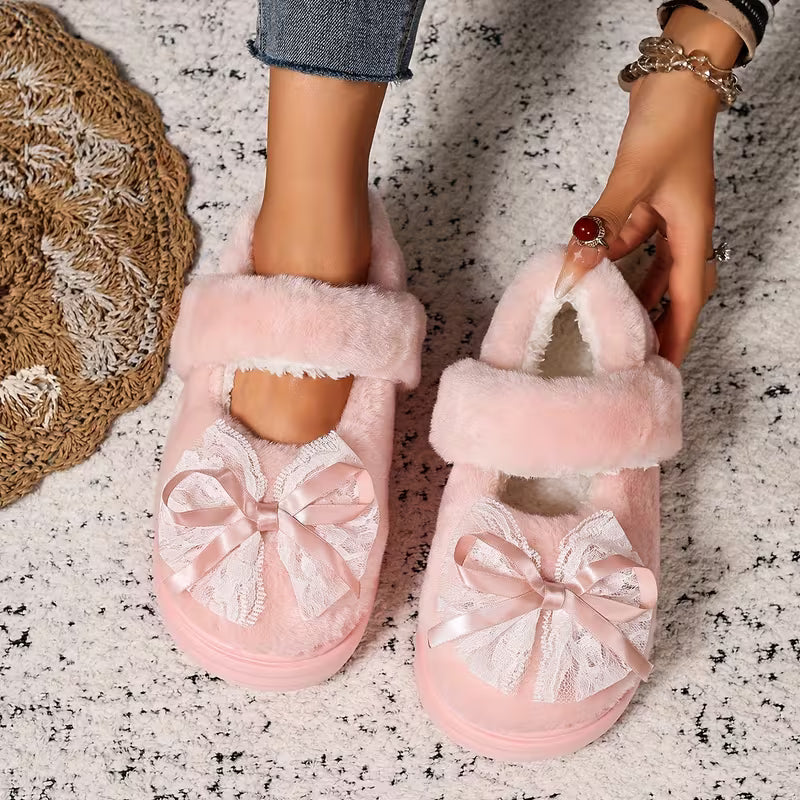 [Indoor/Outdoor Home Shoes] Pink Sweet Autumn/Winter New Style Women's Fashion Star Bow Plush Single Strap Shoes — view 11