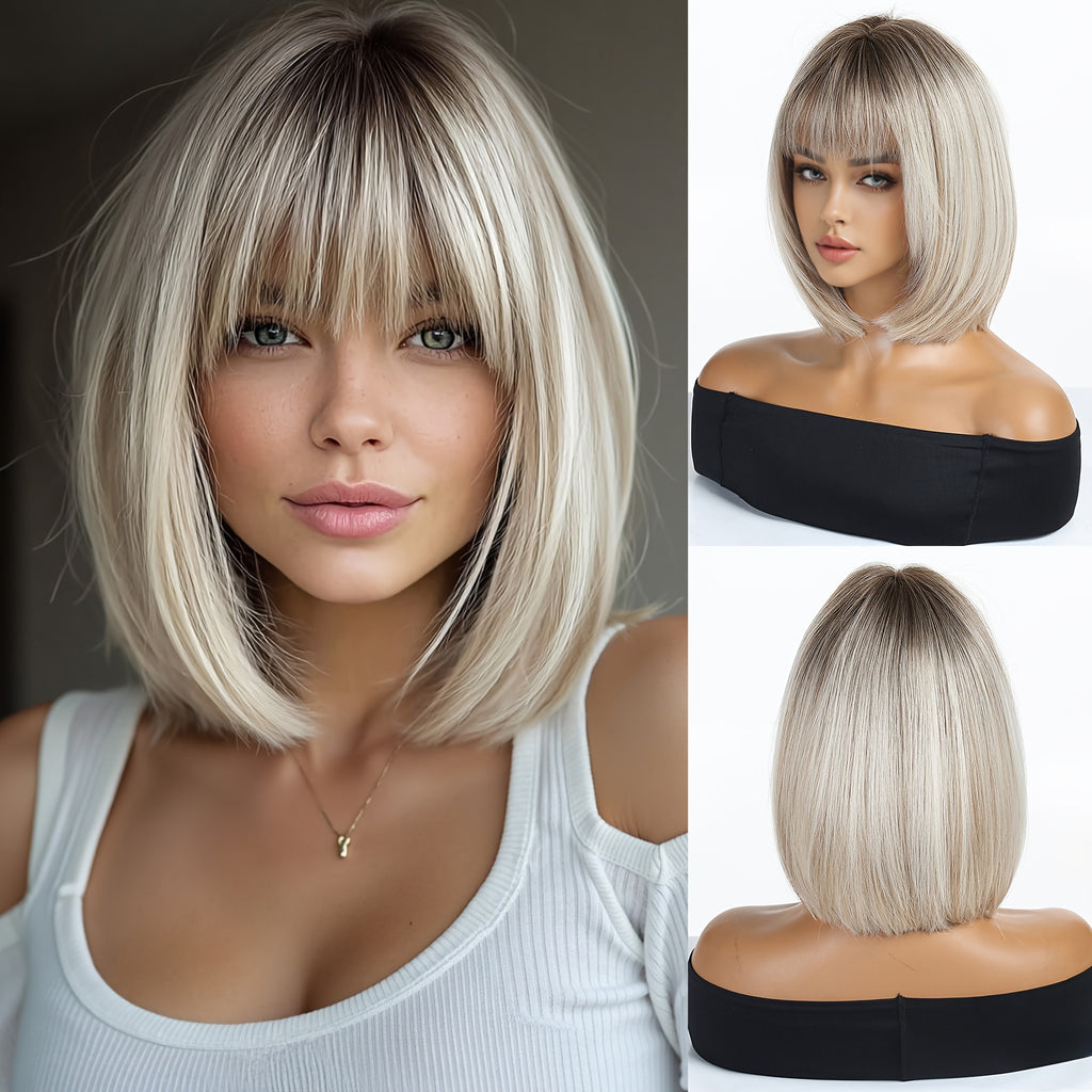 12' Women'S Bob Wig with Machine-Made Simulated Scalp And Choppy Bangs. Made of Heat-Resistant Fiber in Golden Brown Ombre with Color Transition. Comfortable to Wear, Beginner-Friendly, Neat And Sleek, Ideal for Daily Commute, Dating, Parties