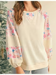 Boho Retro Cream Raglan Lantern Bubble Puff Sleeve Floral Sweater Shirt — view 14