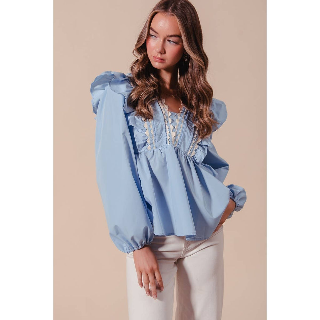 Solid Woven Long Sleeve Top with Wave Trim