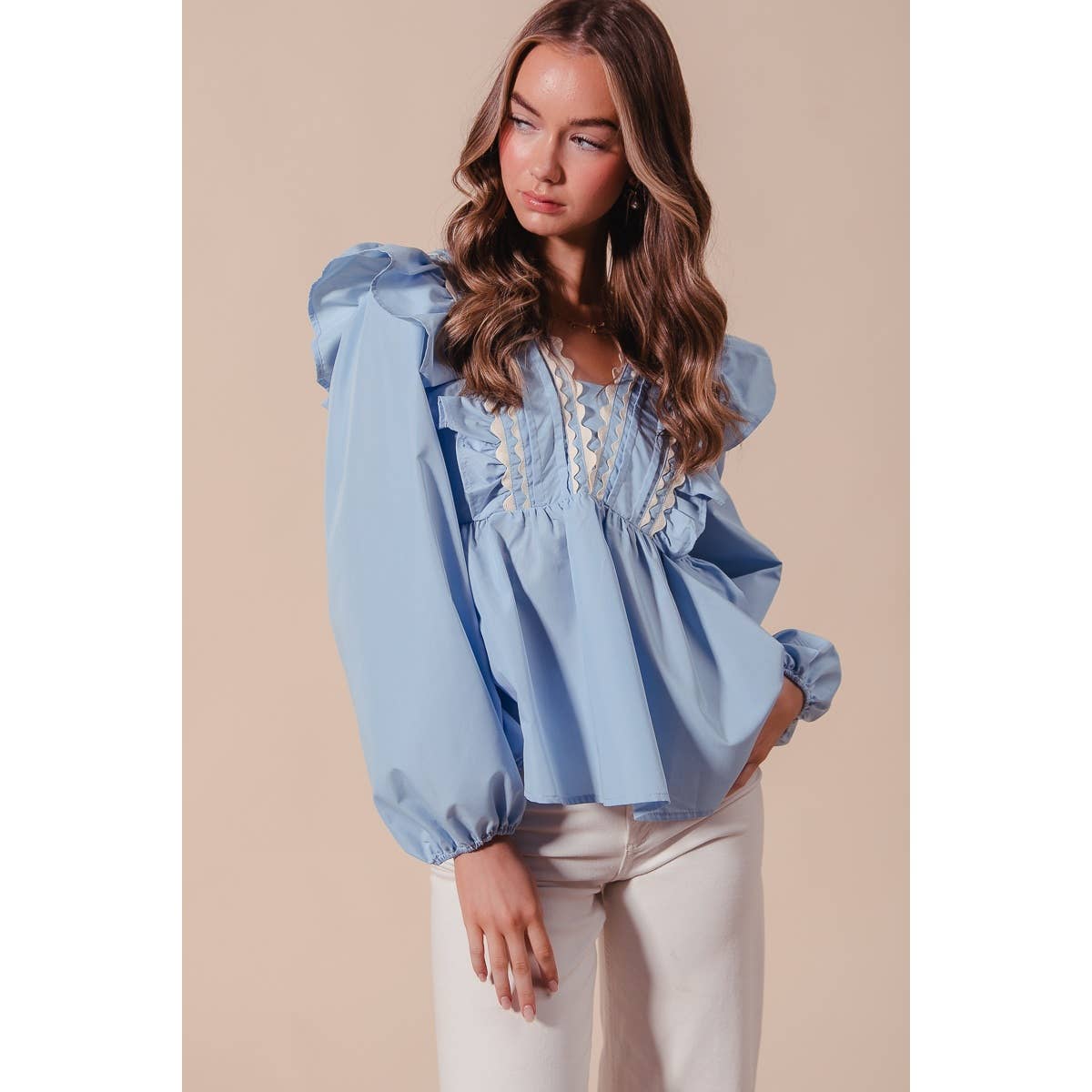 Solid Woven Long Sleeve Top with Wave Trim