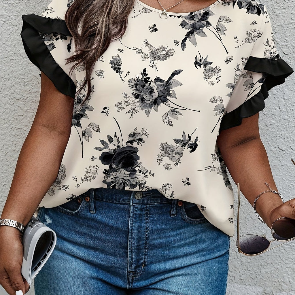 Ruffle Hem Shirt - Women's Large Size - Short Sleeve