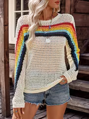 Women's Color-Block Striped Cut-Out Mesh Top, Bohemian Style Round Neck Long Sleeve Sweater, Breathable — view 6