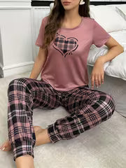 [Love Print Pajama Set] Women's Casual Pajama Set, Love & Plaid Print | Short Sleeves, Long Pants & Leggings — view 1