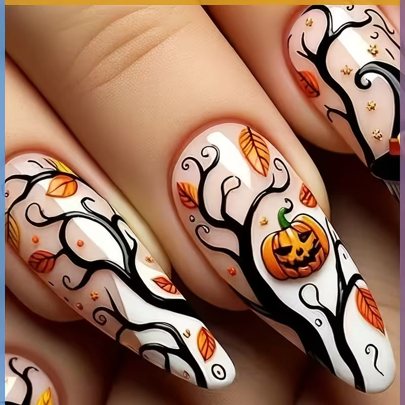 F24pcs Convenient Nail Art White Base Nude Leaf Pumpkin Halloween Hat Party Nail Art Long Wearable Nails Glossy — view 6
