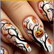 F24pcs Convenient Nail Art White Base Nude Leaf Pumpkin Halloween Hat Party Nail Art Long Wearable Nails Glossy — view 1