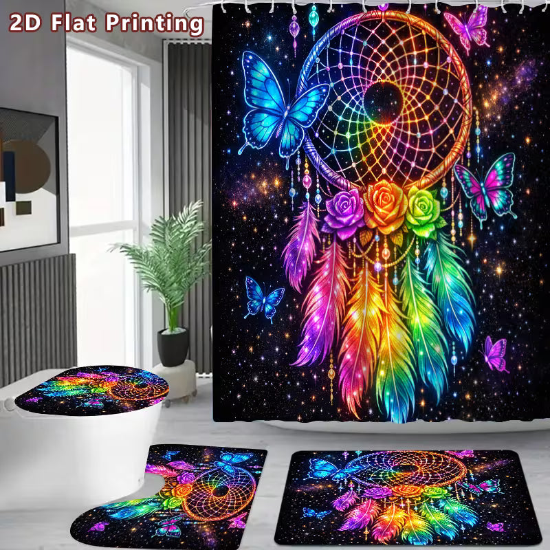2D Flat, 2D Flat 4pcs Rainbow Dream Catcher Shower Curtain Set, Luminous Colorful Butterfly Rose Galaxy Bathroom — view 11