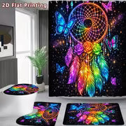 2D Flat, 2D Flat 4pcs Rainbow Dream Catcher Shower Curtain Set, Luminous Colorful Butterfly Rose Galaxy Bathroom — view 3