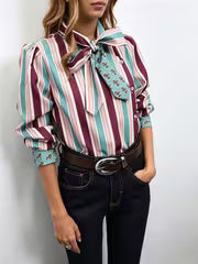 Striped Bow Tie Blouse with Contrast Collar And Cuffs, Suitable for Spring/Autumn Wear, Office Attire, Elegant — view 5