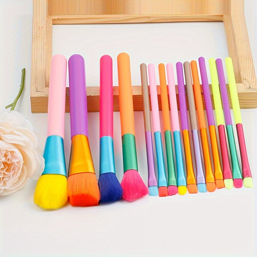 A Set of 10 Ultra-Soft Rainbow Makeup Brushes Including Powder, Eyeshadow, Blush, Eyebrow, And Lip Brushes.