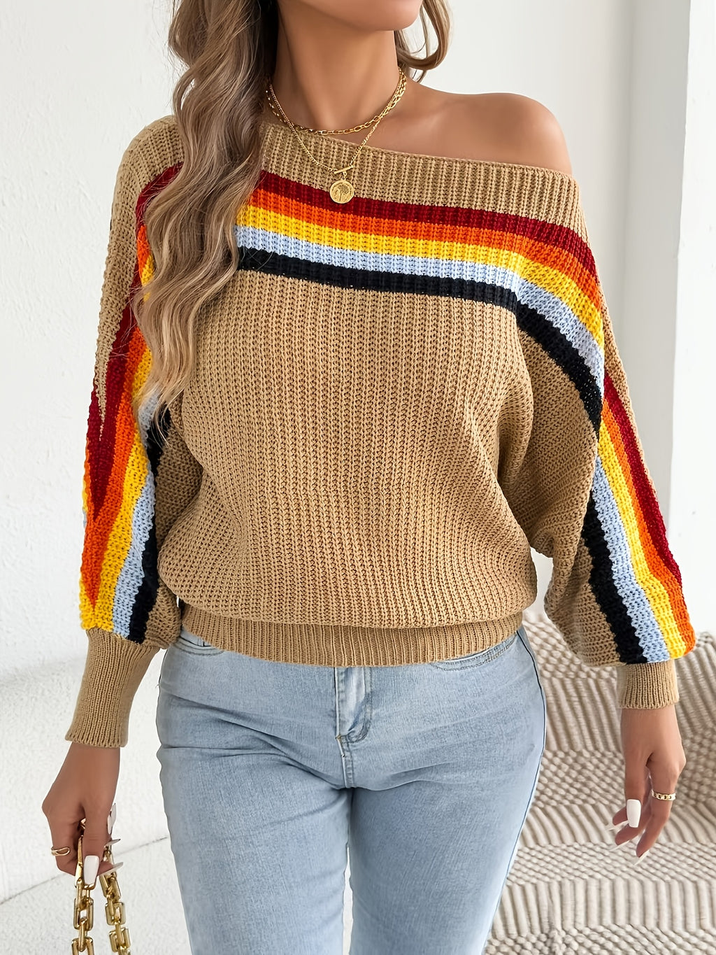 New Summer And Autumn Women'S Fashion Rainbow Striped Off-Shoulder Lantern Sleeve Sweater