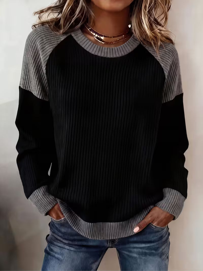 New Model Color-blocked Raglan Top for Women, Round Neck, Loose Fit, Casual, Versatile Long-sleeve Sweatshirt — view 6