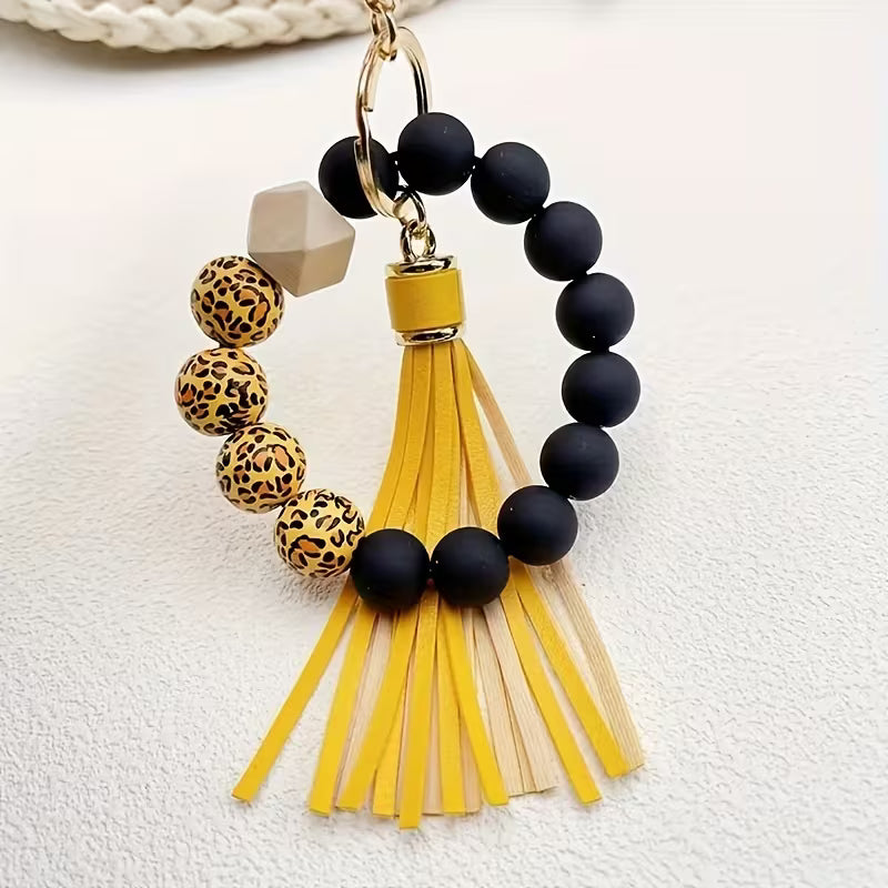 [Leopard Print Keychain] Creative Hot Selling Black Leopard Print White Background Wooden Beads 14Mm Rubber — view 11