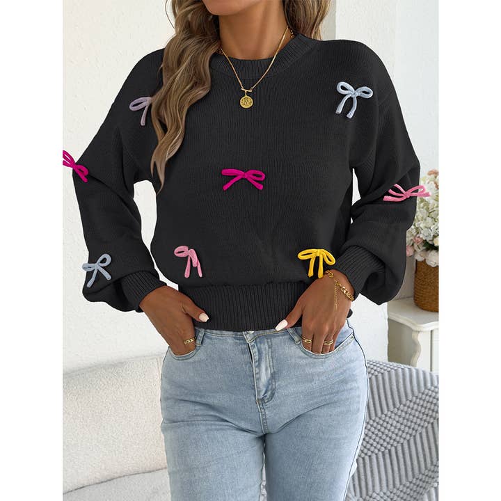 Colorful Bow Lantern Sleeve Waist-Cinching Sweater BJS353