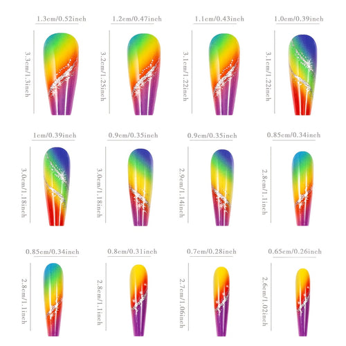 24pcs Long Coffin Rainbow Ombre Press on Nails with Silvery Glitter Swirl And Star Designs