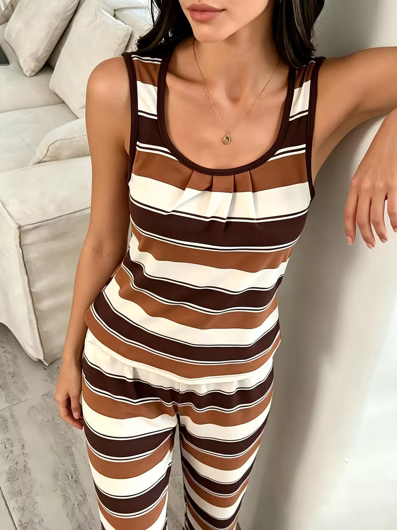 2pcs Spring Summer Multicolor Striped Casual Vest And Pants Pajama Set — view 6