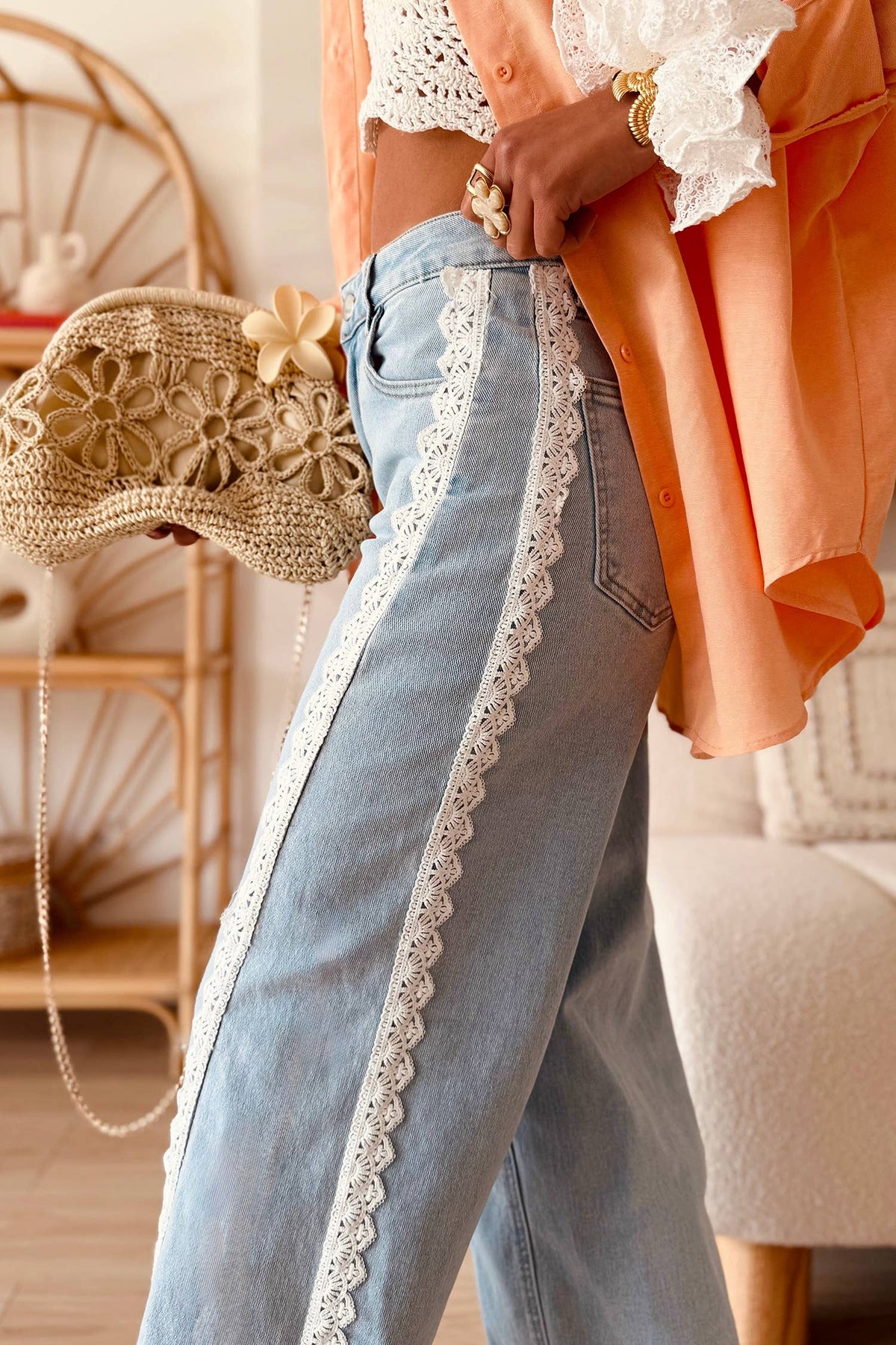 Women's Lace Trim Casual Full-Length Jeans