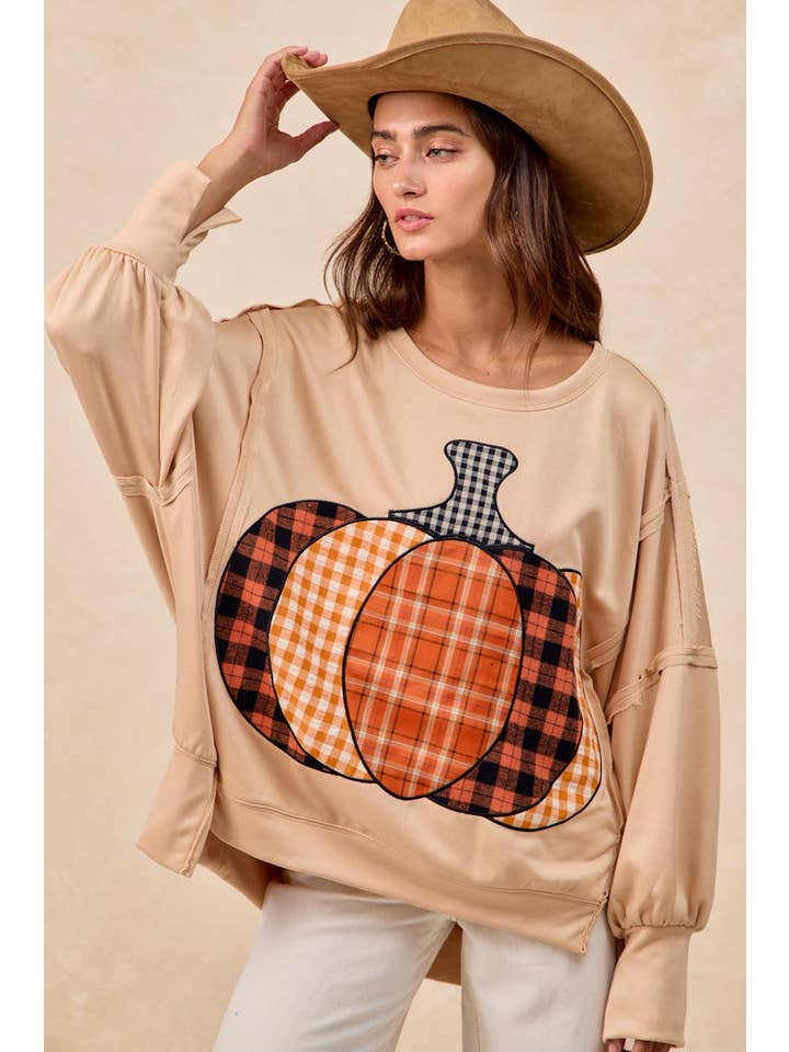 Plaid Pumpkin Patchwork French Terry Sweatshirt
