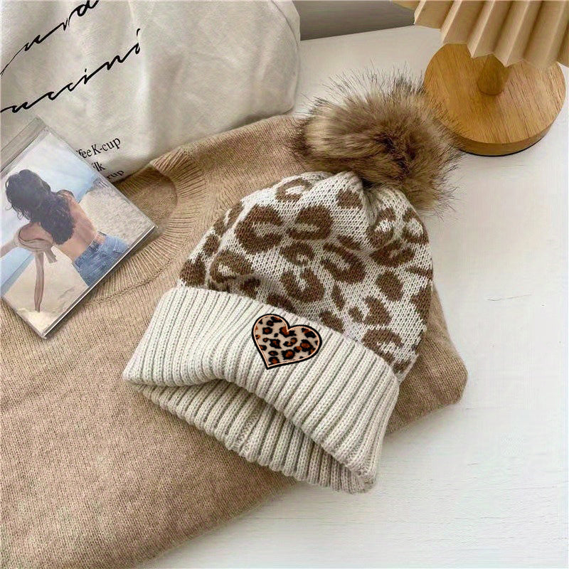 Women's Leopard Print Beanie with Faux Pom-Pom & Heart