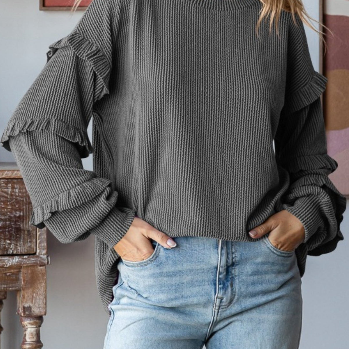 Spring Autumn Winter Ladies Puff Sleeve Round Neck Pullover
