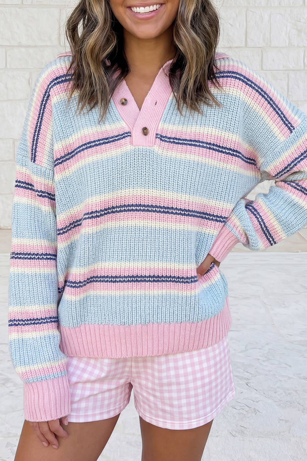 Button Collar Long Sleeve Shift Fit Winter Knitwear Sweater