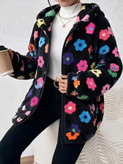 Plus Size - Sweet Cool Style Multicolor Small Floral Plush Coat Women'S Hooded Zipper Cardigan All-Match Printed — view 3