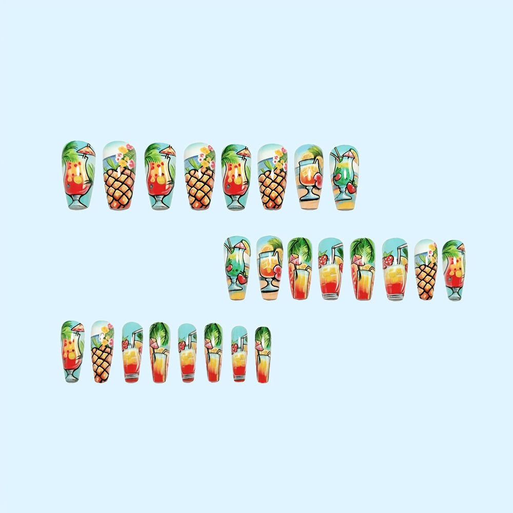 Upgrade Your Look: Long Ballet-Style Artificial Nails, Tropical Special Drink Comic-Style Protective Covers, Unique Art Style Artificial Nails, Wearable Nail Design, Glossy Nail Stickers, Removable Artificial Nails with Press-On Nails
