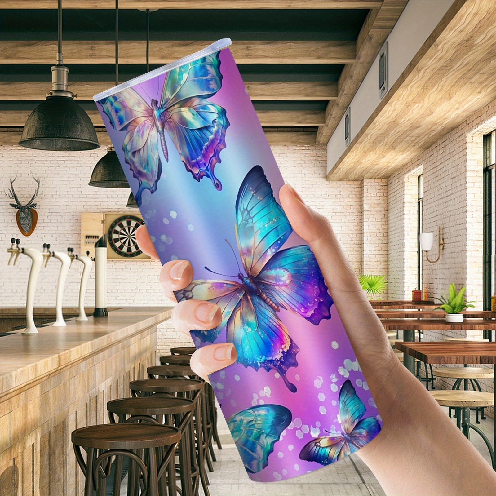 20oz Insulated Stainless Steel Tumbler with Straw - Vibrant Butterfly Print