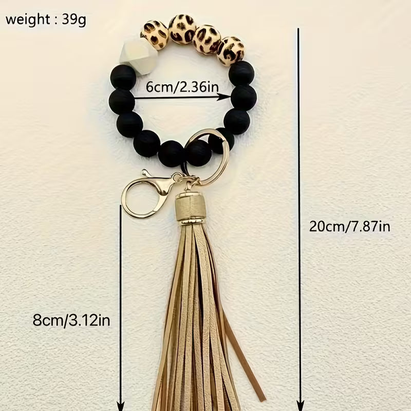 [Leopard Print Keychain] Creative Hot Selling Black Leopard Print White Background Wooden Beads 14Mm Rubber — view 14