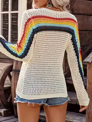 Women's Color-Block Striped Cut-Out Mesh Top, Bohemian Style Round Neck Long Sleeve Sweater, Breathable — view 5