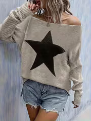 Pentagram Pattern Design, Comfortable Sweater, Elegant Style Long Sleeve Ribbed Sweater, Women'S Sweater — view 1