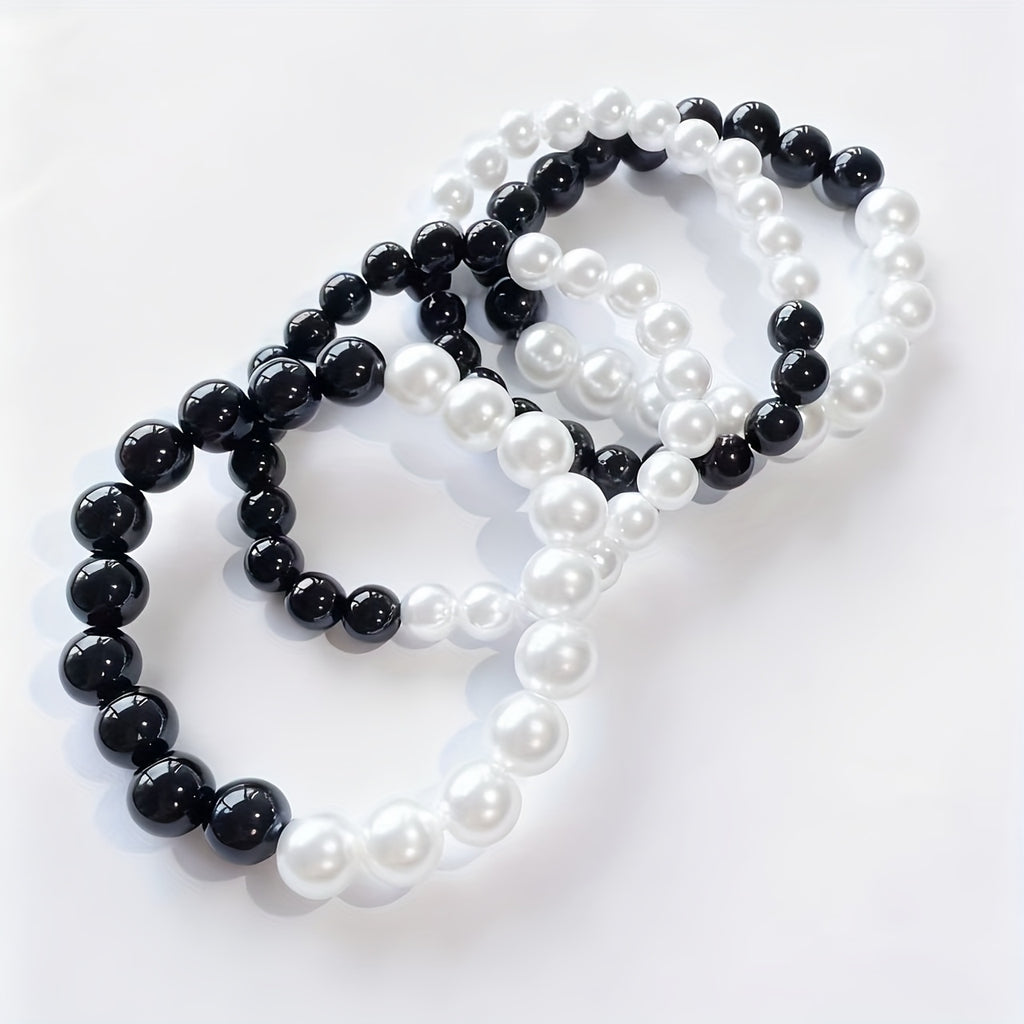 4pcs Fashion Simple Black and White Beaded Elastic Bracelets for Women's Daily Wear