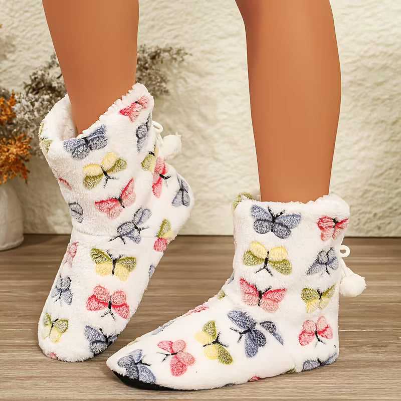 Women's Winter Warm Plush -Lined Indoor Boots with Butterfly Print - Soft Sole Suitable for Home, Cozy Short — view 8