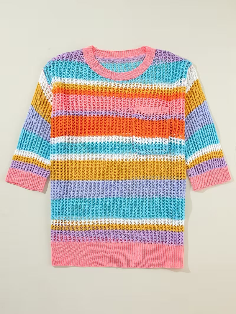 Pink Stripe Colorblock Hollowed Crochet 3/4 Sleeve Sweater — view 8