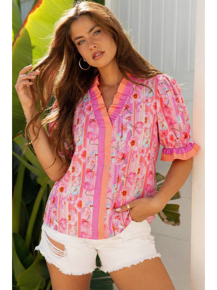 PRETTY BASH Floral Colorblock V-Neck Short Sleeve Blouse