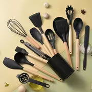 15pcs Silicone Utensil Set - Non-Stick Cooking Utensils with Wooden Handle & Storage Bucket - Apartment & Dorm — view 10