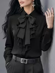 [Ruffle Blouse] Women's Blouse with Ruffle Design and Bow Decoration, Elegant Commuter Style Fashion Shirt — view 3