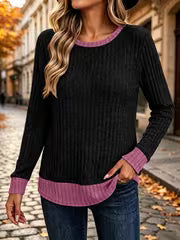 Women's Color Blocked Pit Stripe Round Neck Long Sleeved Contrasting Pullover Casual Loose And Winter Top L XXL — view 3