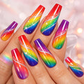 24pcs Long Coffin Rainbow Ombre Press on Nails with Silvery Glitter Swirl And Star Designs