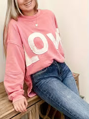 "LOVE" Three-dimensional Pattern Stitching Round Neck Casual Sweatshirt, Applique Loose Shoulder Top, Side Slit — view 4