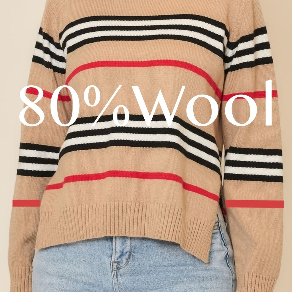 Women's 80% Wool Classic Striped Sweater Crew Neck Long