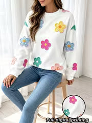 Women'S Loose Round Neck Full Print Sweatshirt, Floral Print Long Sleeve Pullover, Oversized Drop Shoulder — view 3