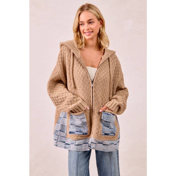 Washed Checker Denim Mix and Match Sweater Hoodie