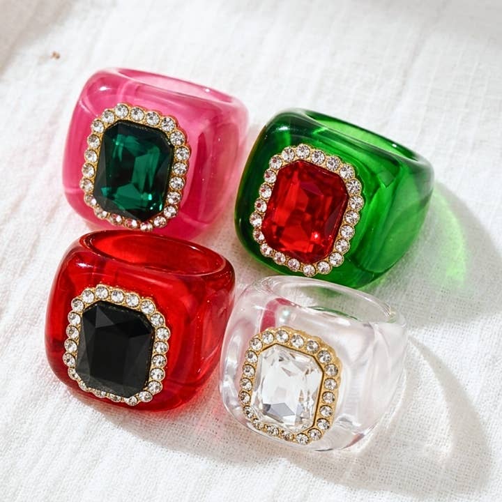 Chunky Square Rhinestone Rings-W — view 2