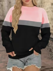 Round Neck Color Blocked Casual Top with Off Shoulder Long Sleeved Pullover — view 2