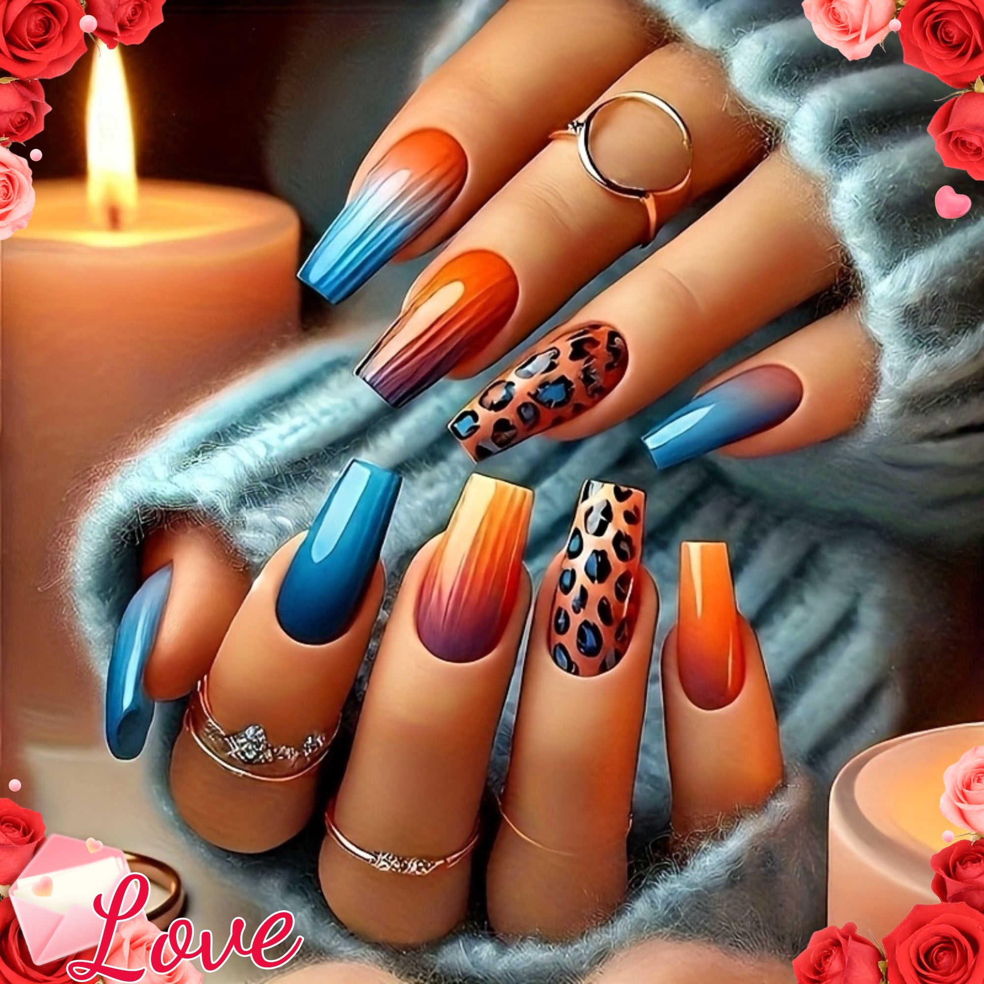 Upgrade Your Style, 24pcs of Chinese Ballet Fake Nails, Orange and Blue Gradient Stitching Wild Leopard Pattern Wearing Armor Design, Glossy Nail Patch Detachable Fake Nails