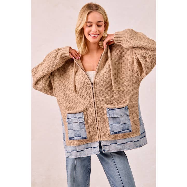 Washed Checker Denim Mix and Match Sweater Hoodie